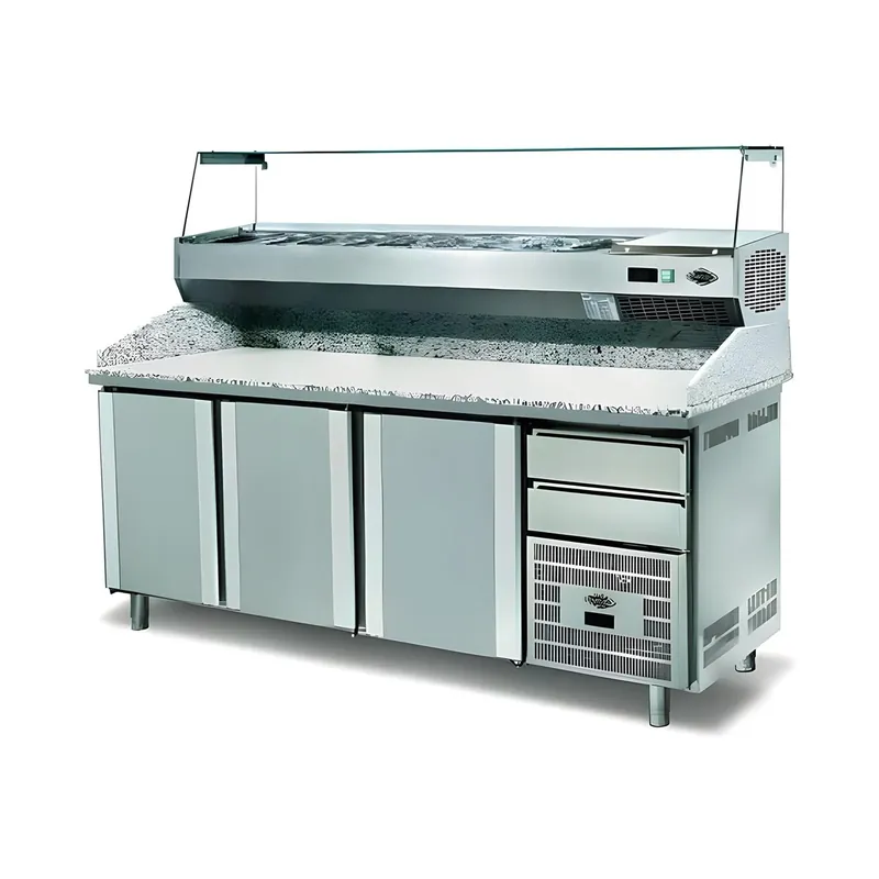Pizza- und Saladetten-Kühltisch mit Granitplatte, Salatbar und 3 Türen – 2100×800×1020/1520 mm - Outlet-Preis